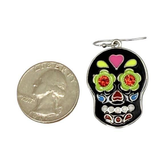 Black Sugar Skull Dangle Earrings 1" Silver Tone Enamel Day Of The Dead - Picture 7 of 8